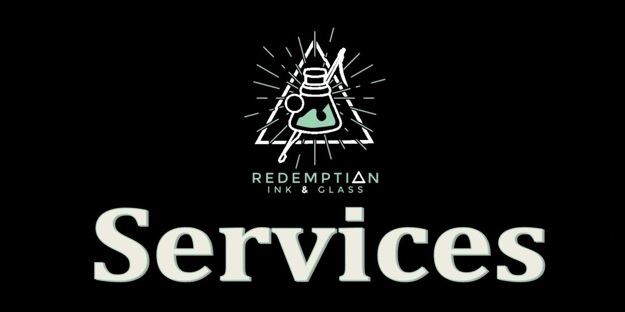 Logo and text for Redemption Ink & Glass Services on black background.