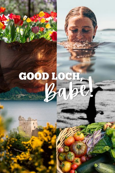 A collage of six images. They are: a close-up of a red haired woman, a woman swimming in a lake, a c