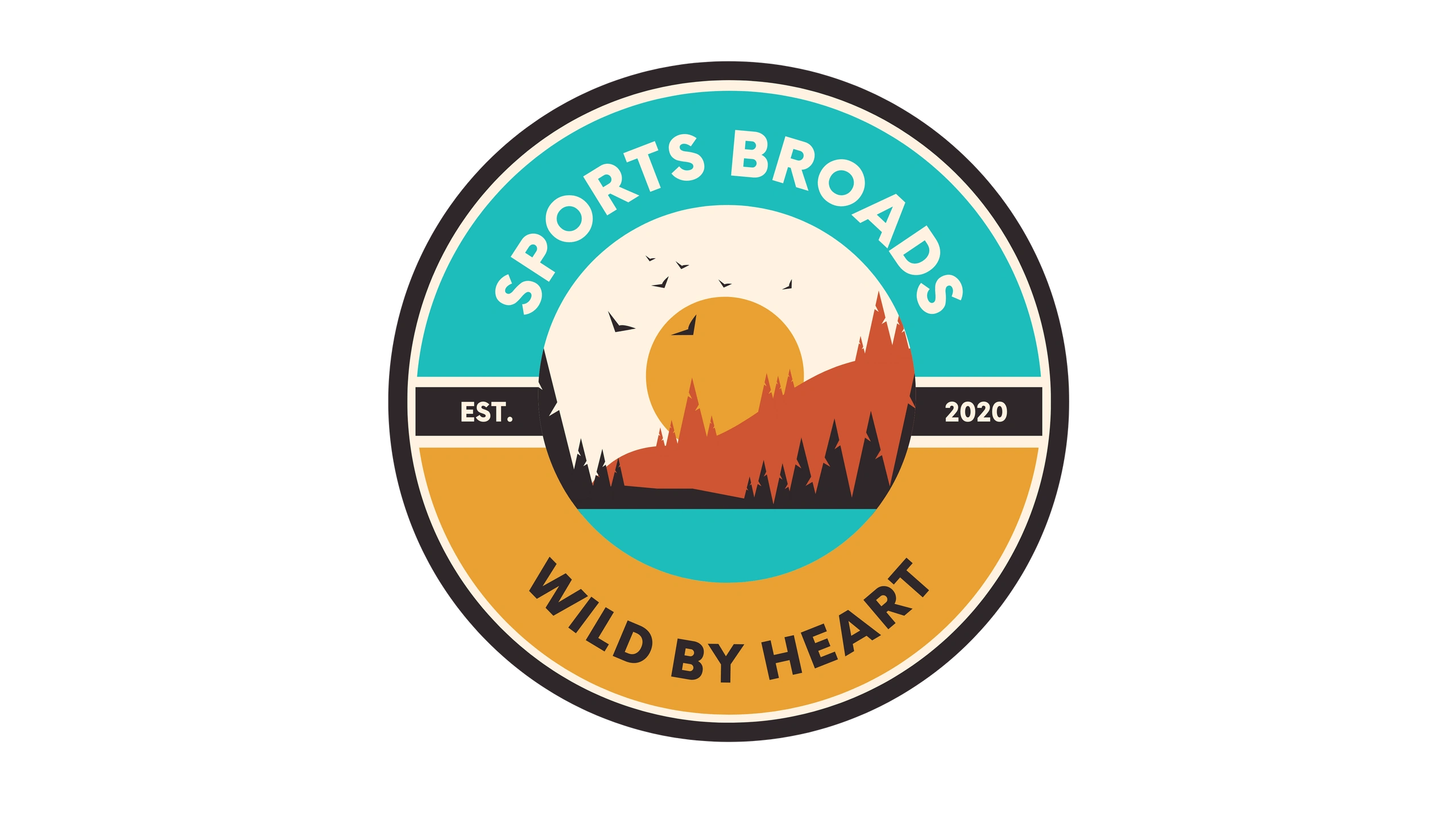 a silhoutte sun, mountains & trees with a lake below. the text reads: sports broads wild by heart