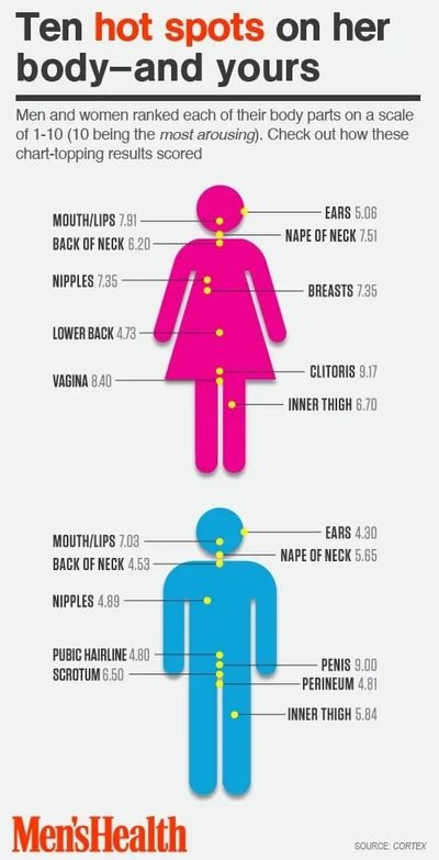 an image from men's health magazine survey showing popular hotspots of arousal for men and women