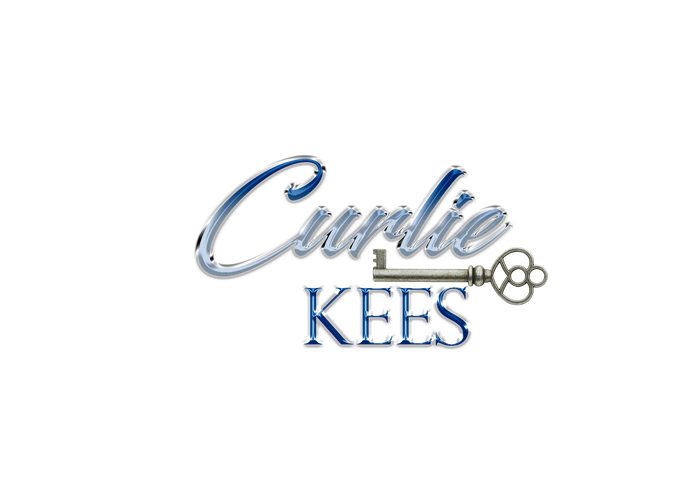 Logo with the words 'Curlie KEES' and a vintage key on a black background.