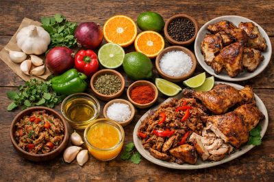 A colorful spread of roasted chicken, lechon, spices, herbs, and fresh citrus on a rustic wooden table.