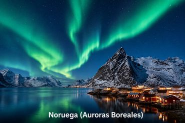 Auroras boreales iluminan un pueblo noruego junto a montañas y agua tranquila.