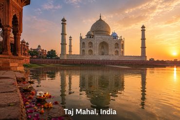 Sunset view of the Taj Mahal with reflections in the water.