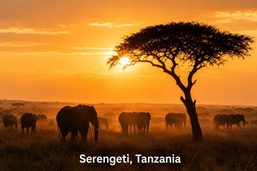Elephants roam the Serengeti at sunset under a silhouetted acacia tree.