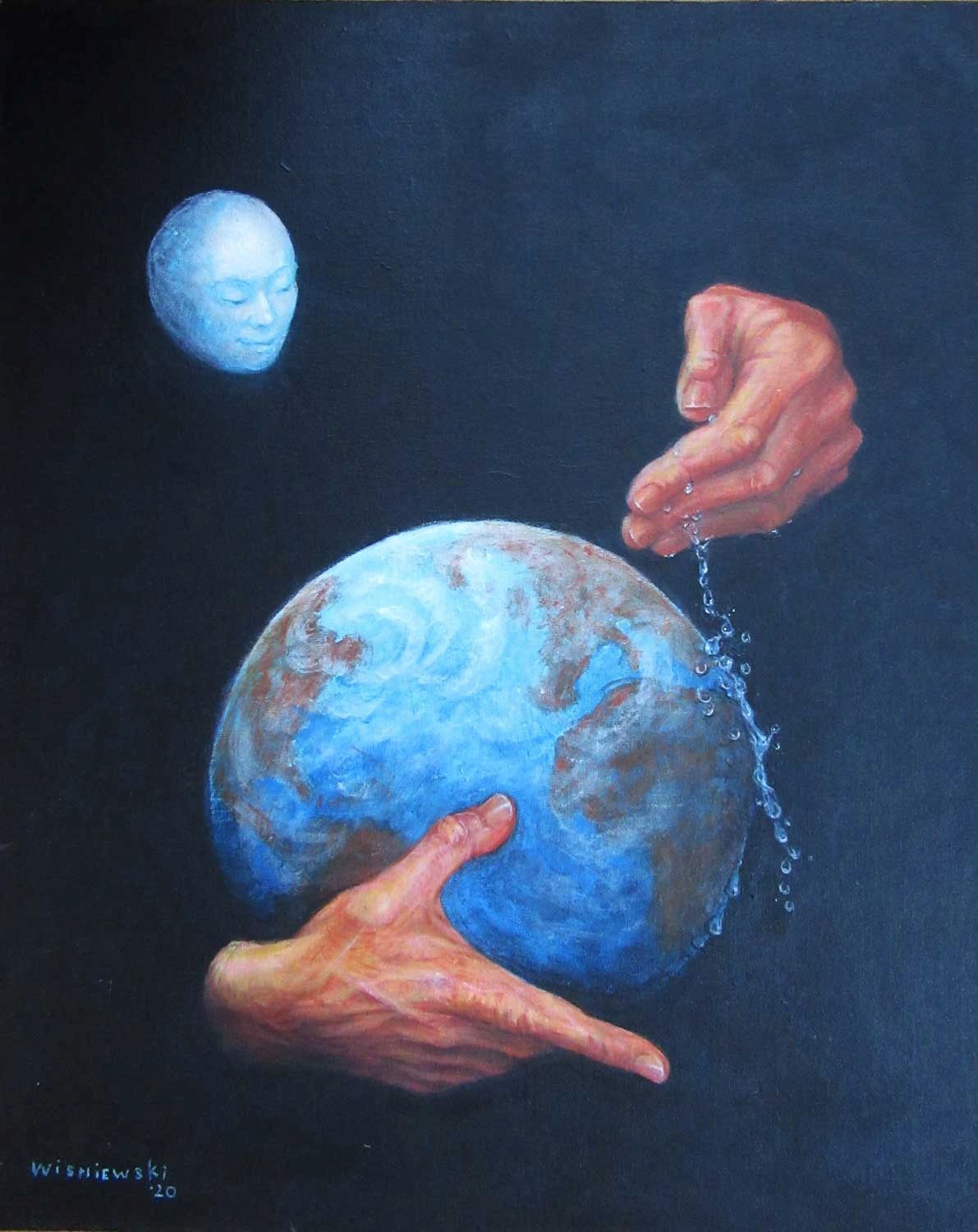  Hands baptizing the universe. Acrylic painting by Stan Wisniewski.