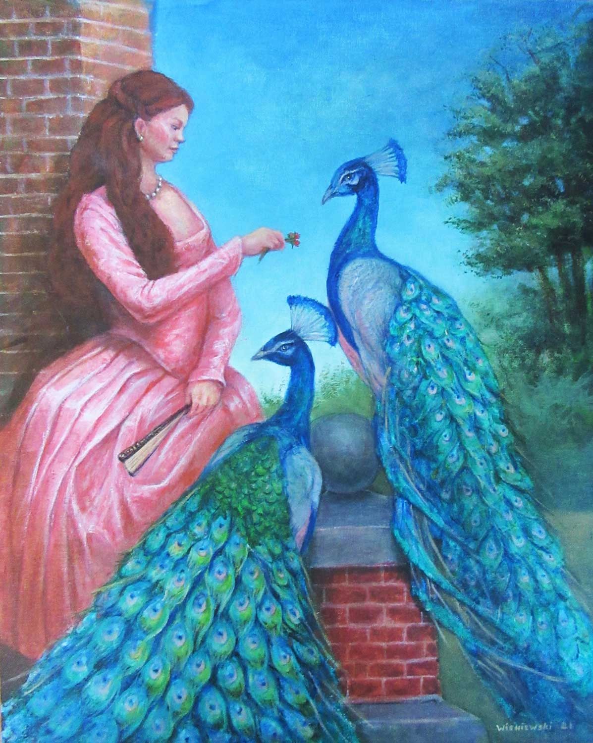 Victorian woman in pink dress feeding peacocks. Acrylic painting by Stan Wisniewski.