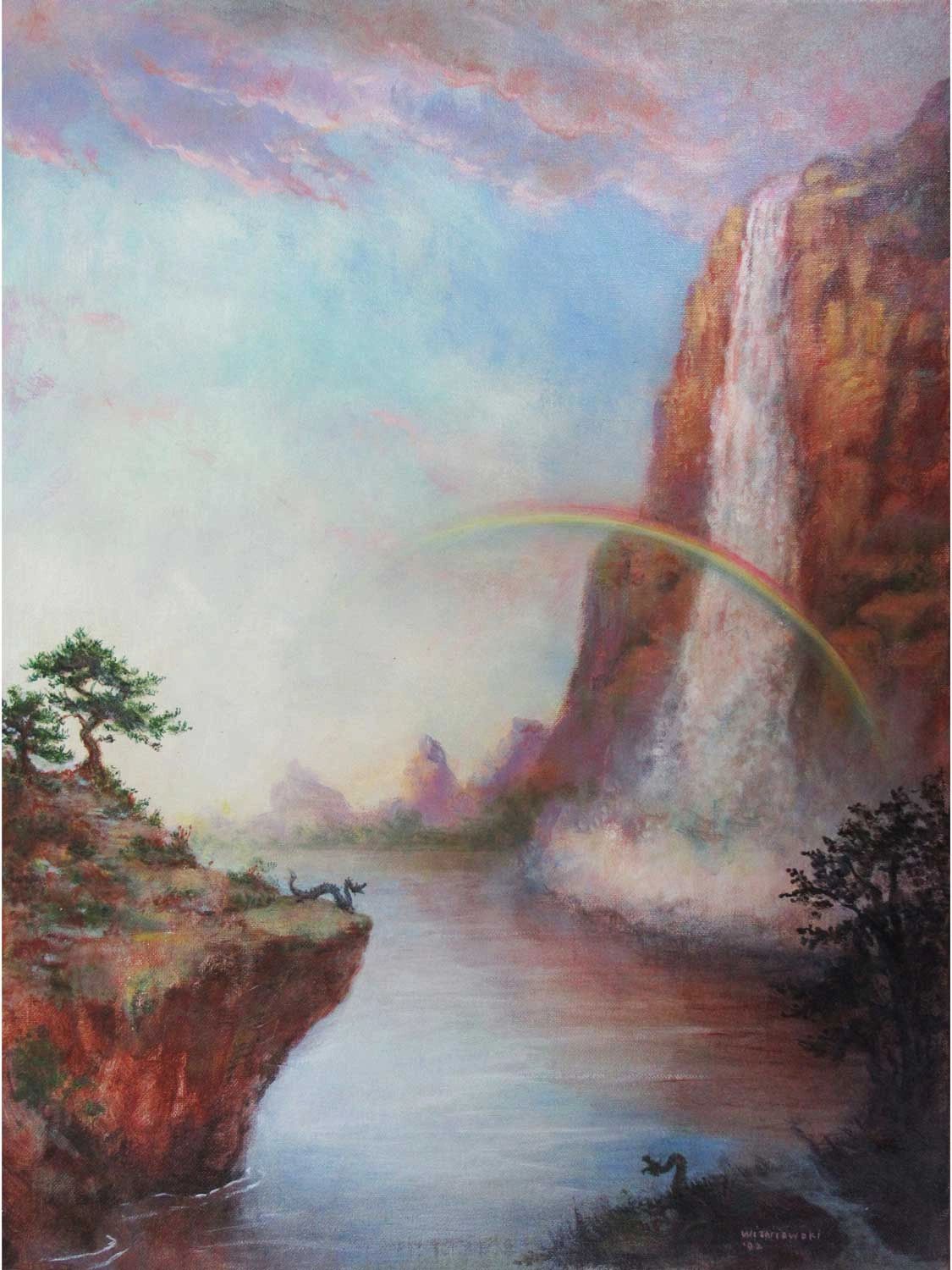 Fantasy landscape  scene of a giant water fall.  Acrylic painting by Stan Wisniewski.