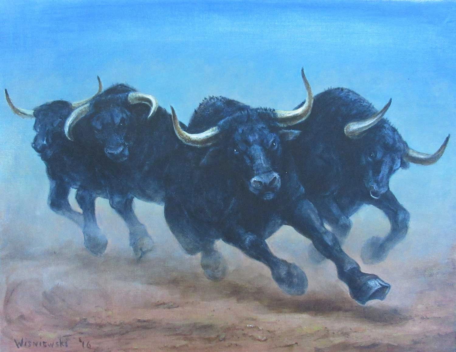 Bulls charging. Acrylic painting by Stan Wisniewski.