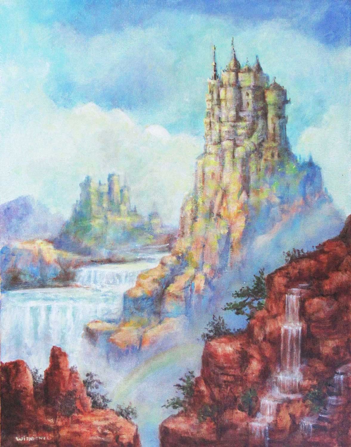 Castle set upon the mountainous water falls.  Acrylic painting by Stan Wisniewski.