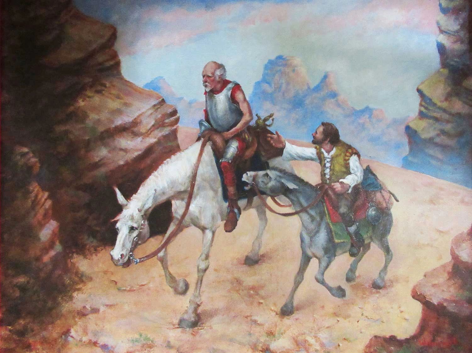 Don Quixote and Pancho traveling. Acrylic painting by Stan Wisniewski.
