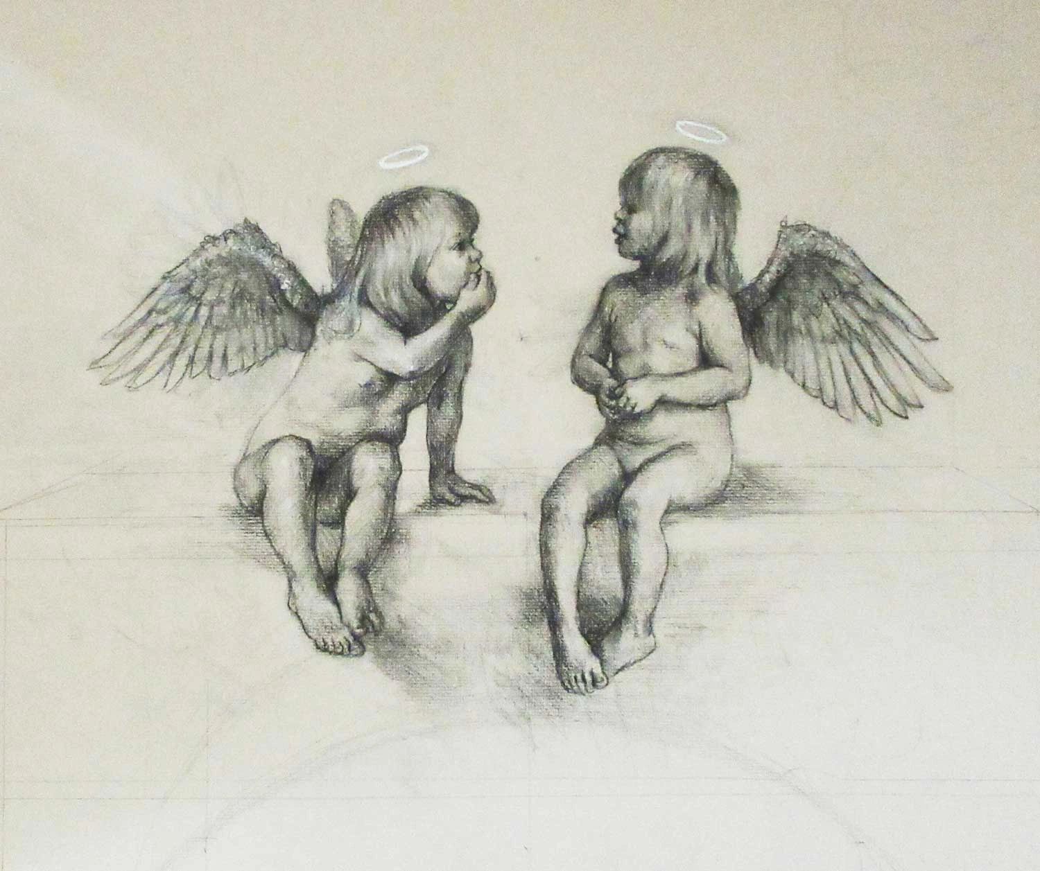 Charcoal study of two child cherubs., done for 'Garden Cherubs' painting.i 
