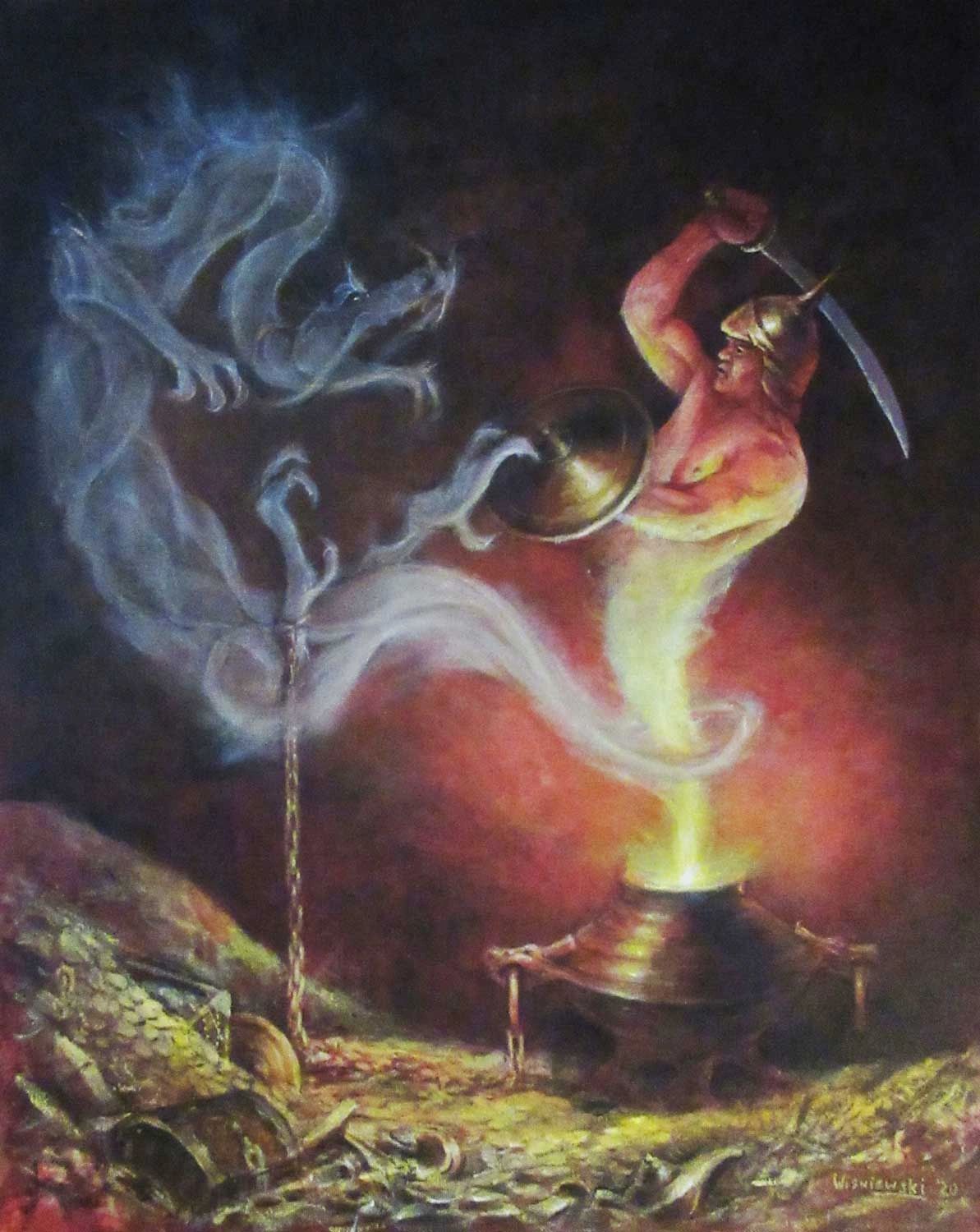 A genie is battling a dragon made of smoke.  Acrylic painting by Stan Wisniewski.