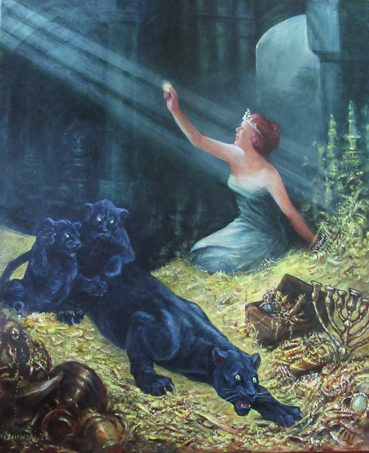 Woman looks a  treasure i a vault with a panther mother and her cubs. Acrylic painting by Stan Wisni