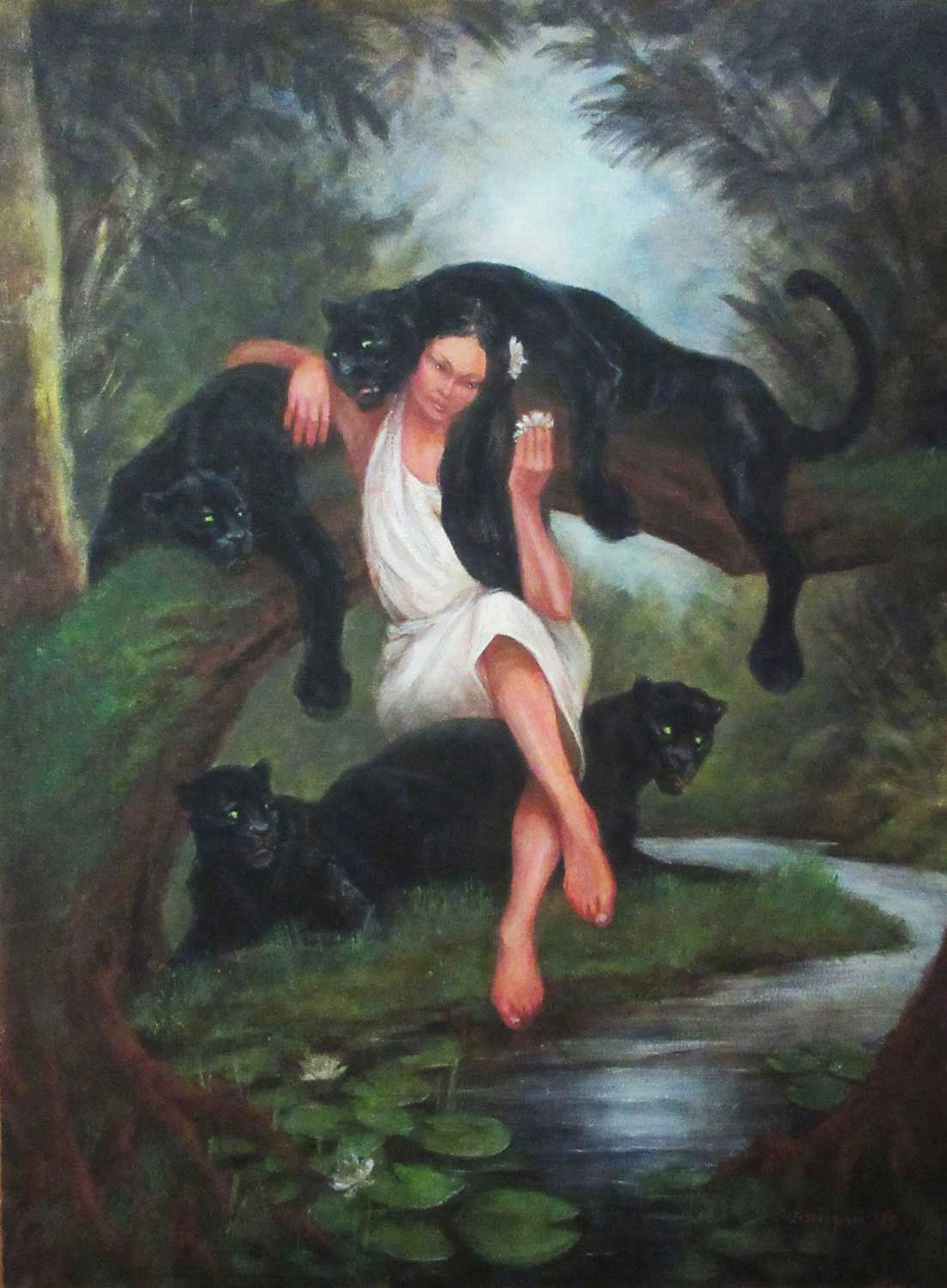 Woman in jungle with four panthers.
Acrylic painting by Stan Wisniewski.