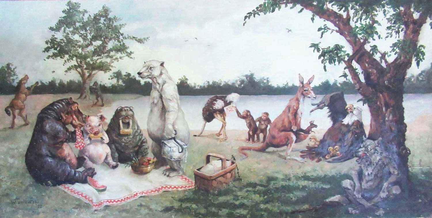 A variety of animal share a picnic. Oil painting by Stan Wisniewski.