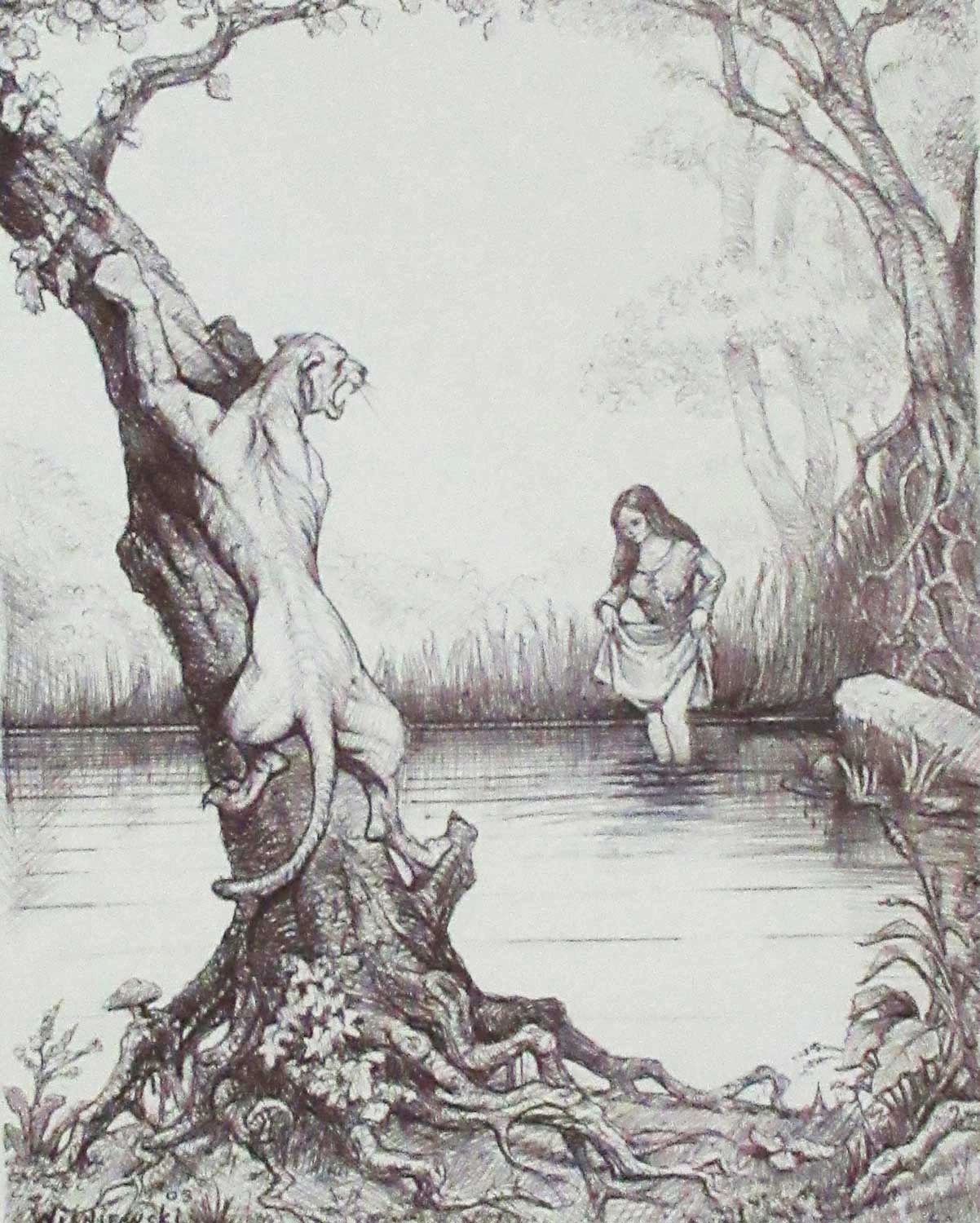 Pen and ink drawing of panther in tree stalking a women wading in a lake.