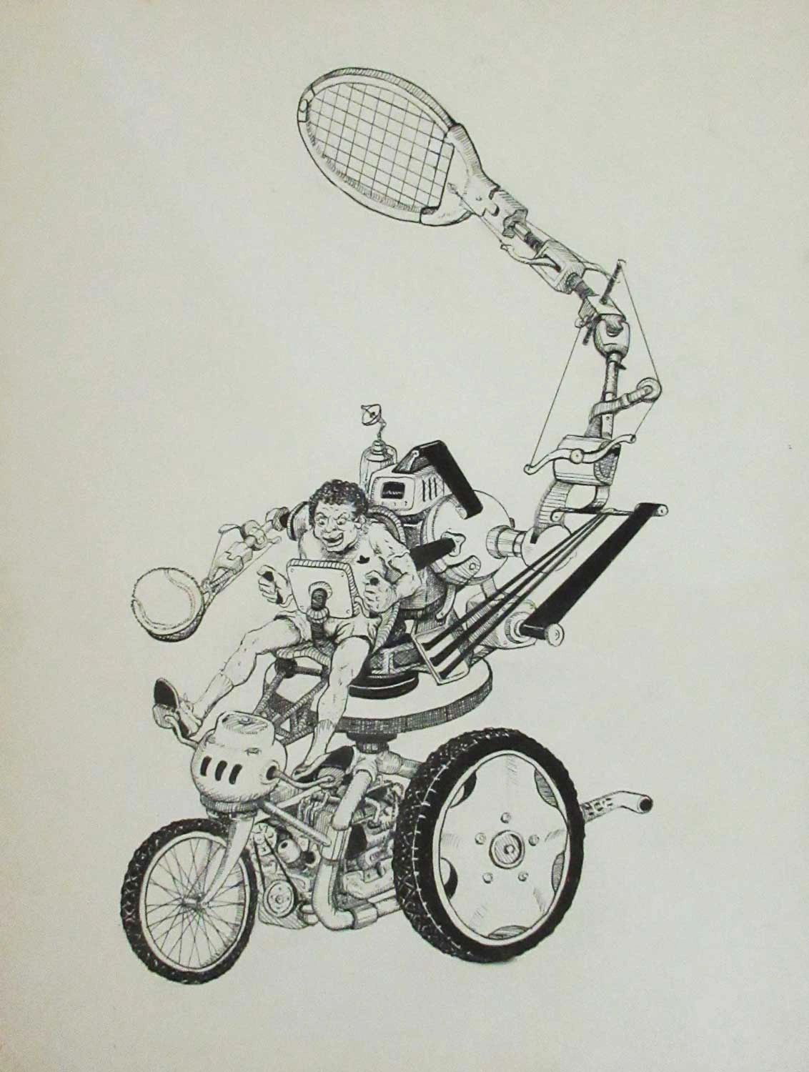 Pen and ink drawing of a motorized tennis machine.