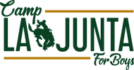 Logo for Camp La Junta, featuring a cowboy riding a bucking horse, designed for boys.