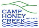 Logo for Camp Honey Creek for Girls with green hills and blue waves.