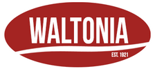 Logo of Waltonia with a red oval background and white text.