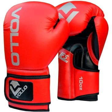 Pair of red Vollo boxing gloves with black and silver accents.