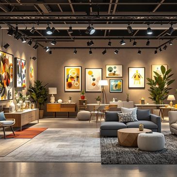 Sala de ventas de muebles para hogar y oficina iluminado bajo criterios de calidez