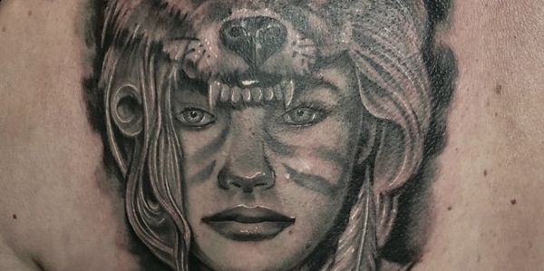 Warrior Tattoo. Black and Grey Tattoo. Warrior with Headdress