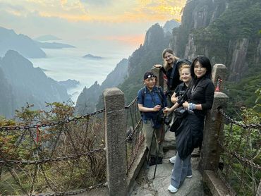 sunset in Yellow Mountain, Huangshan with a fun team.