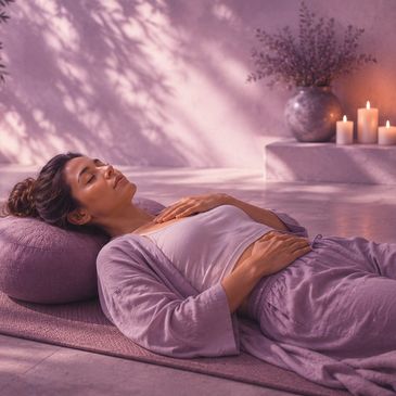 Woman meditating in a serene setting.