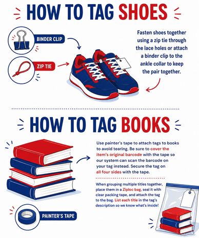 Graphic showing our to tag shoes and books for Cola Kids Grown Ups Sale