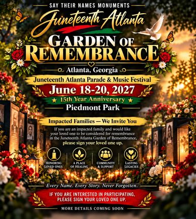 Juneteenth Atlanta Garden of Remembrance event poster for June 18-20, 2027.