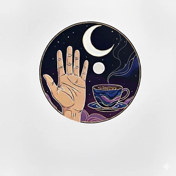 Illustration of a hand, crescent moon, and steaming cup against a starry night sky.