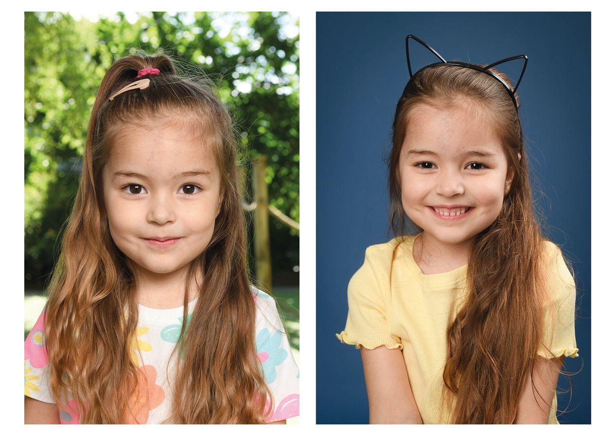 Smiling young girl with long brown hair in two different settings and outfits.