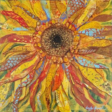 Whimsical Sunflower
size 24'x24"x2"
Acrylic and Mixed Media with hand-painted papers