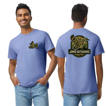Light blue t-shirt with camo duck logo and JOMO OUTDOORS text on back.