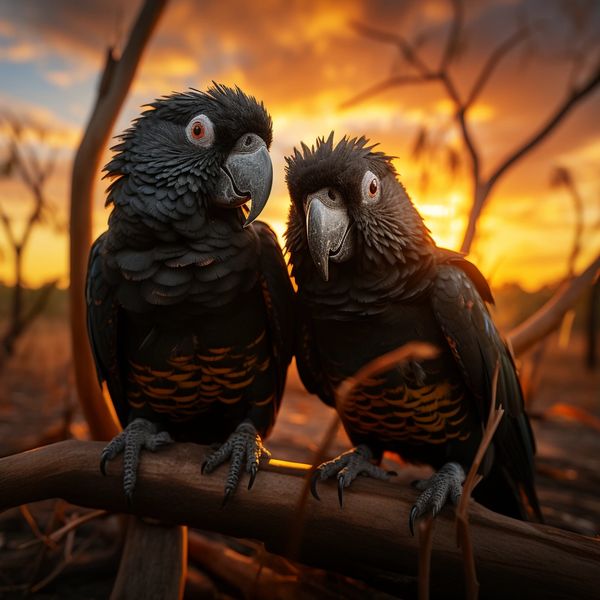 two black cockatoos at sunset