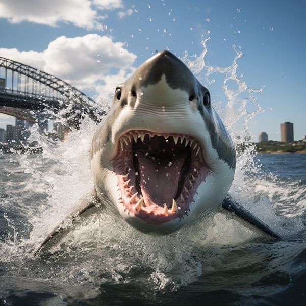 Great white jumping out of water in Sydney Harbour.