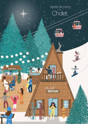 Apres Ski Party, Mountain Chalet, Art Print, Puzzle Design, Illustration