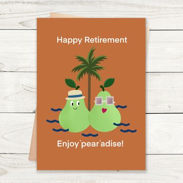 Retirement Greeting Card, tropical, pear-adise, cute pear couple with palm tree