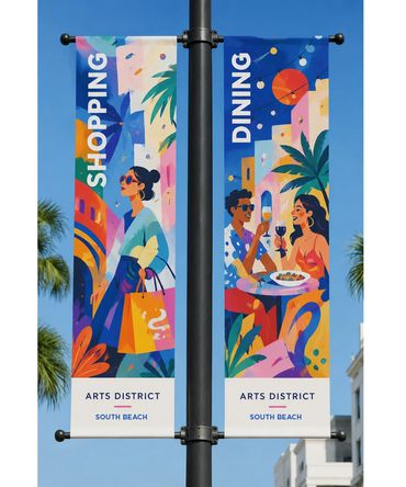 Light pole banner design - shopping, dining, arts district