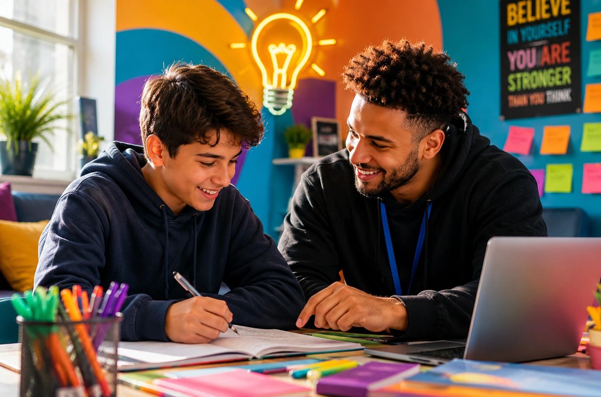 Tutor helping a student with schoolwork in a colorful, motivational classroom.