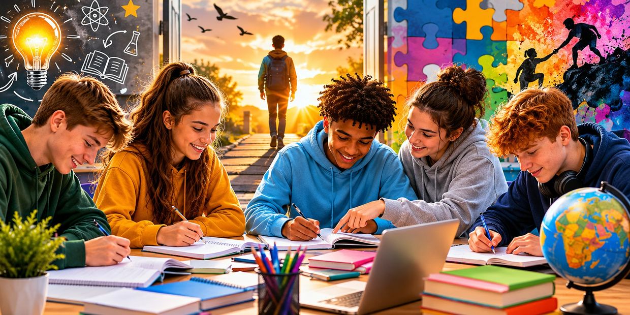 Group of diverse students studying together with a bright, inspiring background.