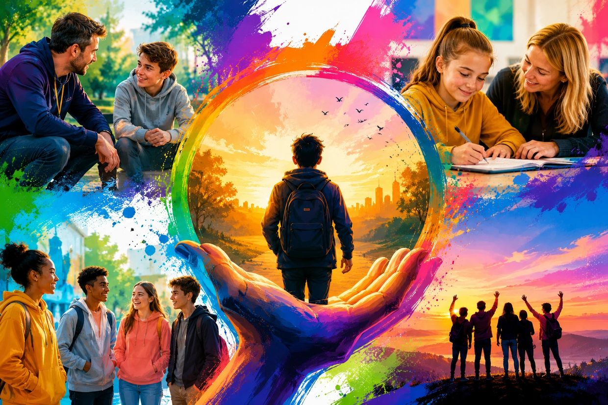 A vibrant collage showing mentorship, friendship, learning, and growth in youth.
