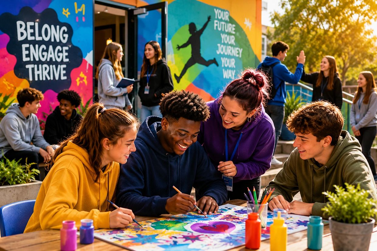 Teenagers happily painting a colorful mural with motivational messages outdoors.