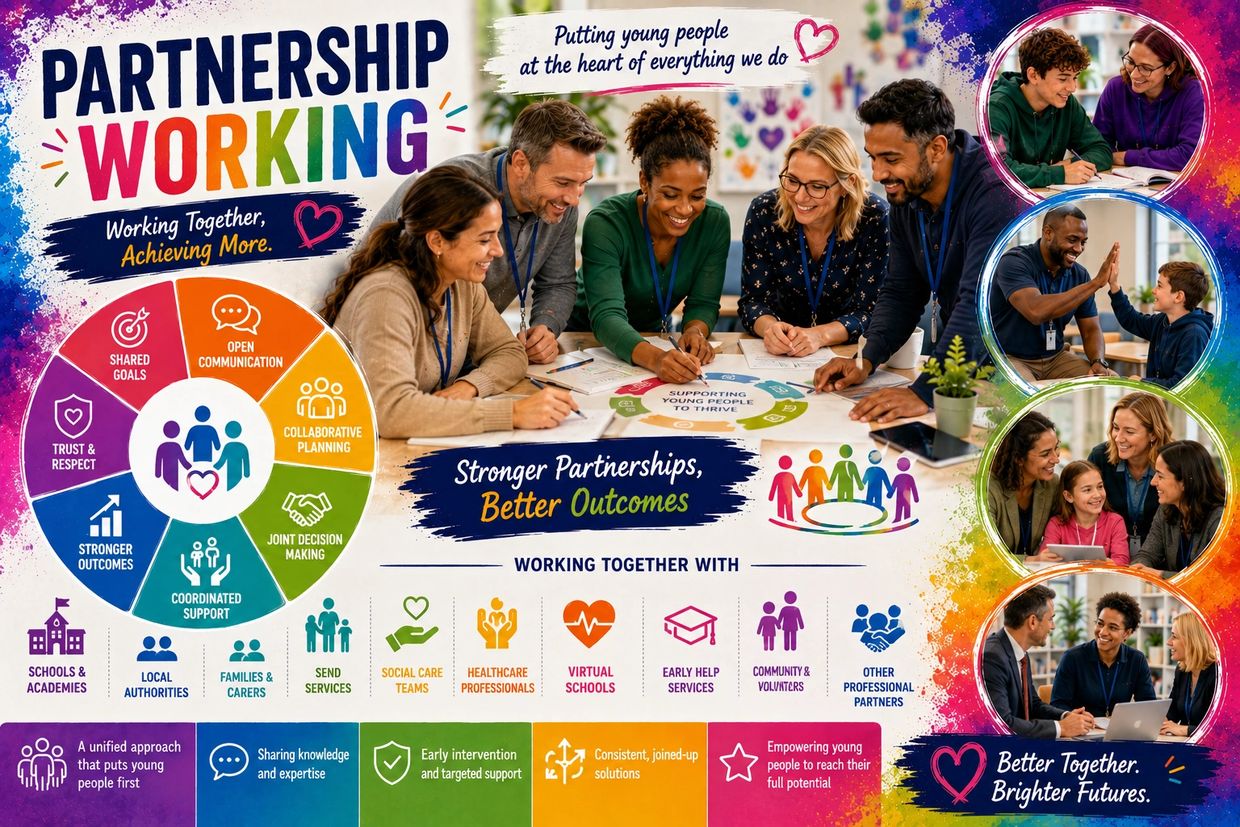 Diverse group collaborating on youth support for stronger partnerships and better outcomes.
