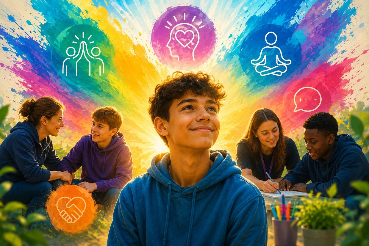 Teenagers engaging in positive social and mental activities with colorful icons symbolizing support and mindfulness.