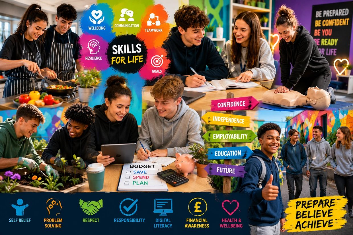 Young people learning essential life skills like budgeting, teamwork, and health.