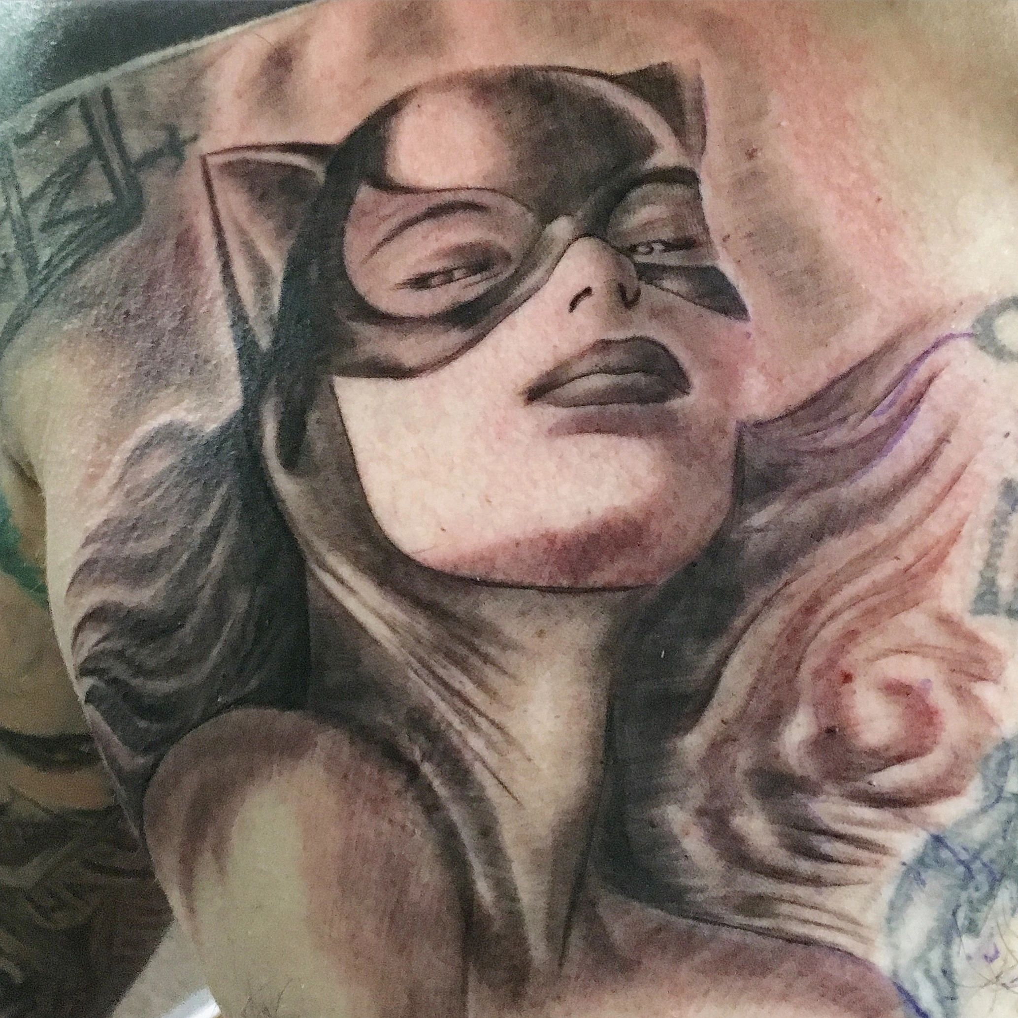Cat woman tattoo , Batman, Gotham city, Matrix tattoo, realistic tattoo, black and gray tattoo