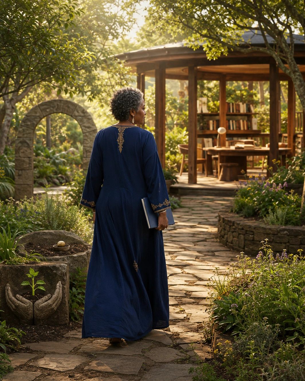 Woman in a blue dress walks through a garden path.